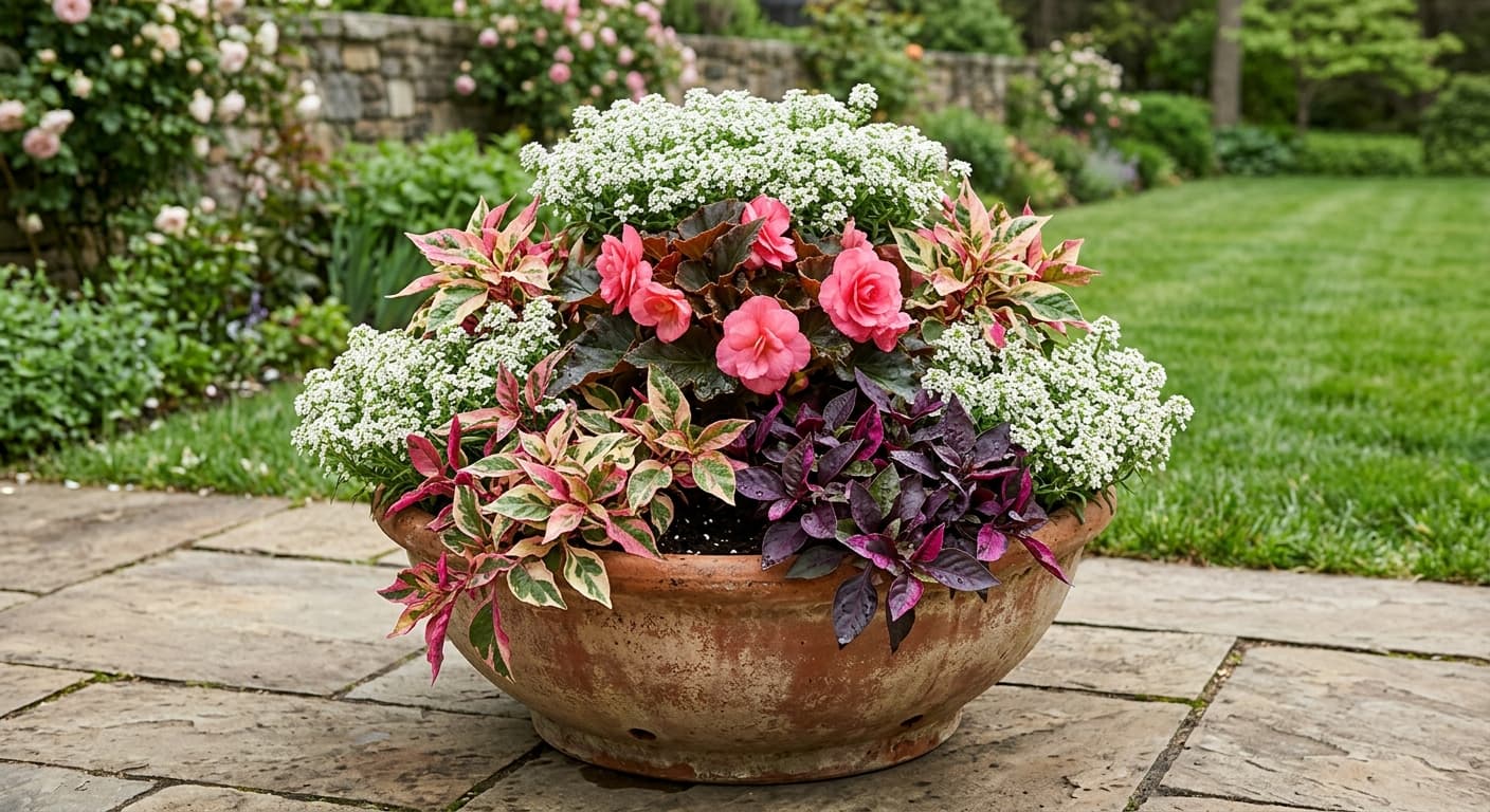 AI preview of design POT-2026-102 — begonia, alyssum, and alternanthera in a terracotta bowl