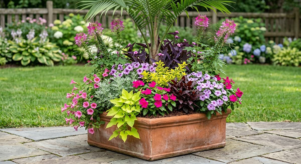 Mixed container planting designed in Trowel